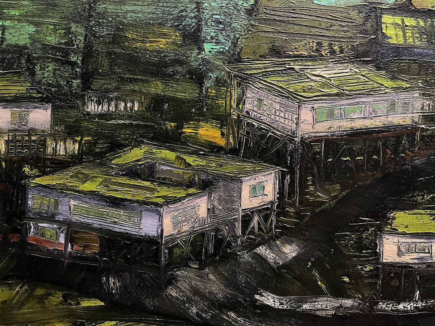 Abstract expressionist oil painting of stilt houses by Serhiy Kovalev