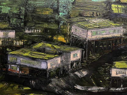 Abstract expressionist oil painting of stilt houses by Serhiy Kovalev