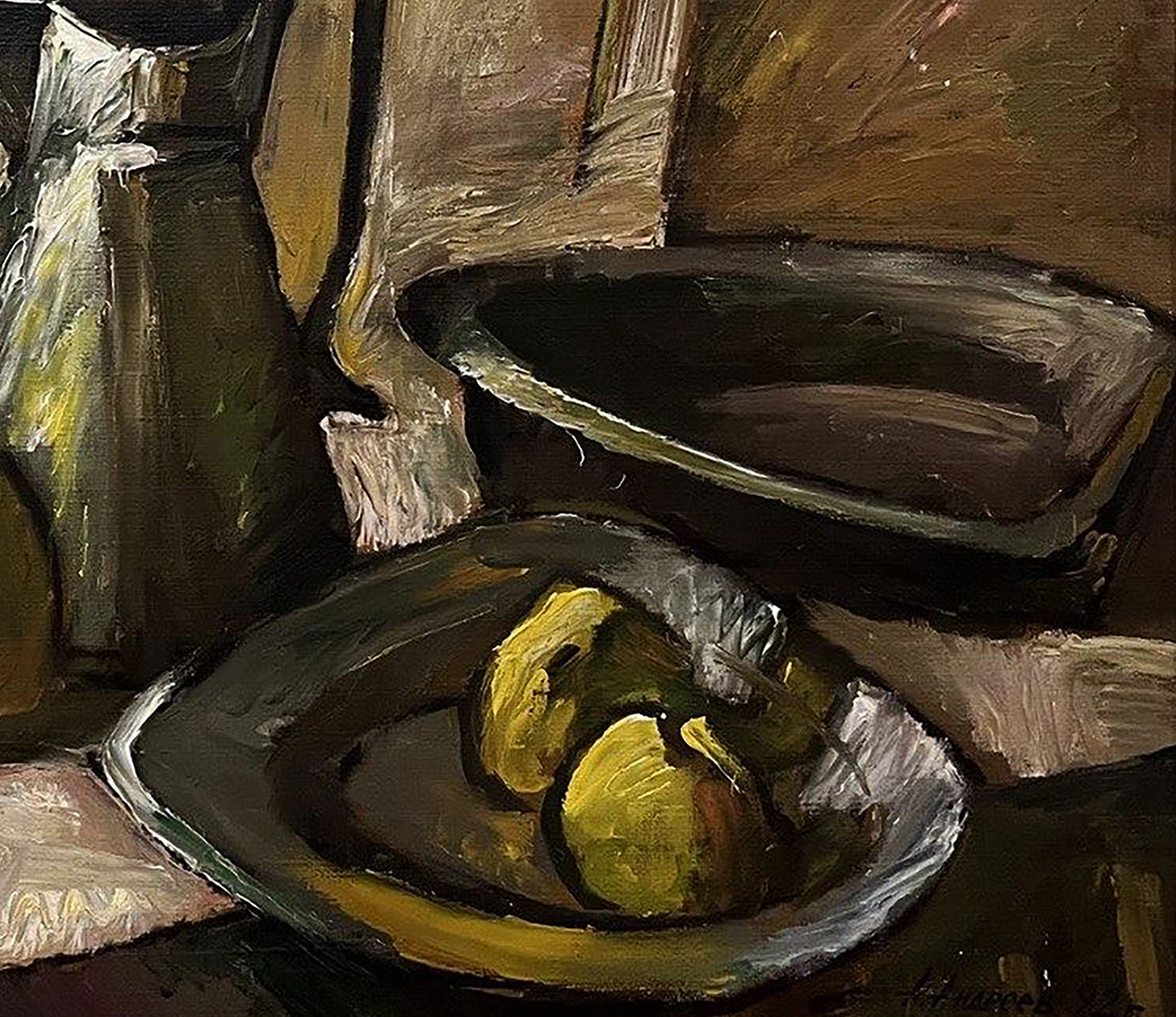 Oil painting of dark textured bowl with yellow-green apples by Oleksandr Andreev