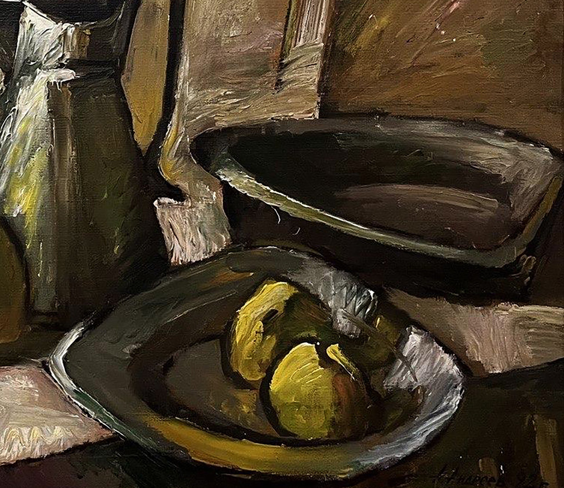 Oil painting of dark textured bowl with yellow-green apples by Oleksandr Andreev