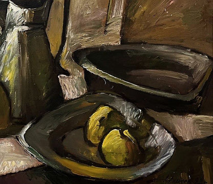 Oil painting of dark textured bowl with yellow-green apples by Oleksandr Andreev
