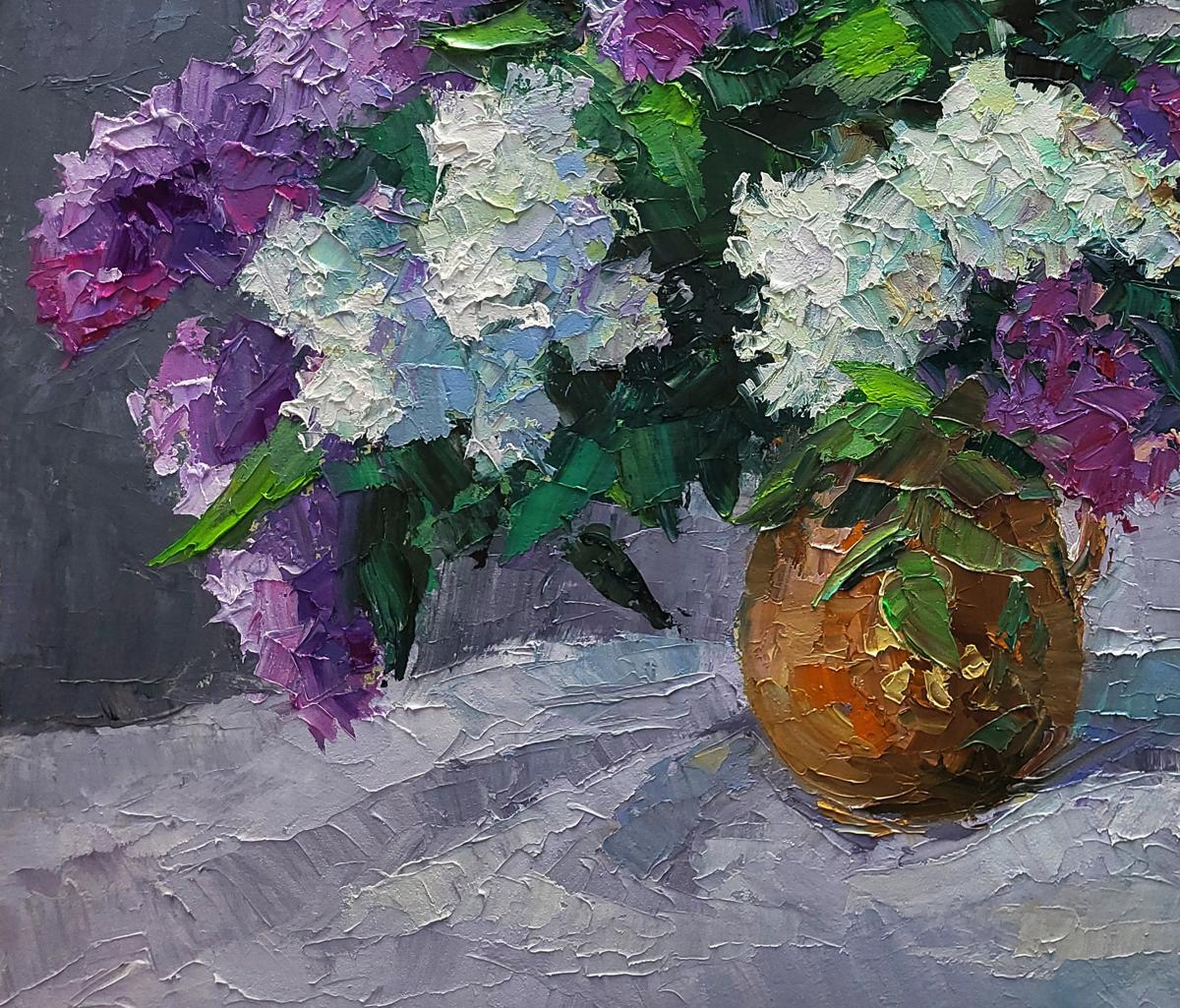 Oil painting Lilac in a jug by Boris Serdyuk with hydrangeas