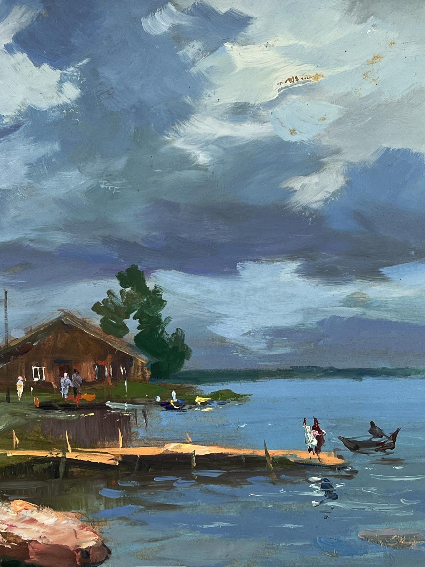 Oil painting of rustic house by riverbank by Yuriy Suprunchuk