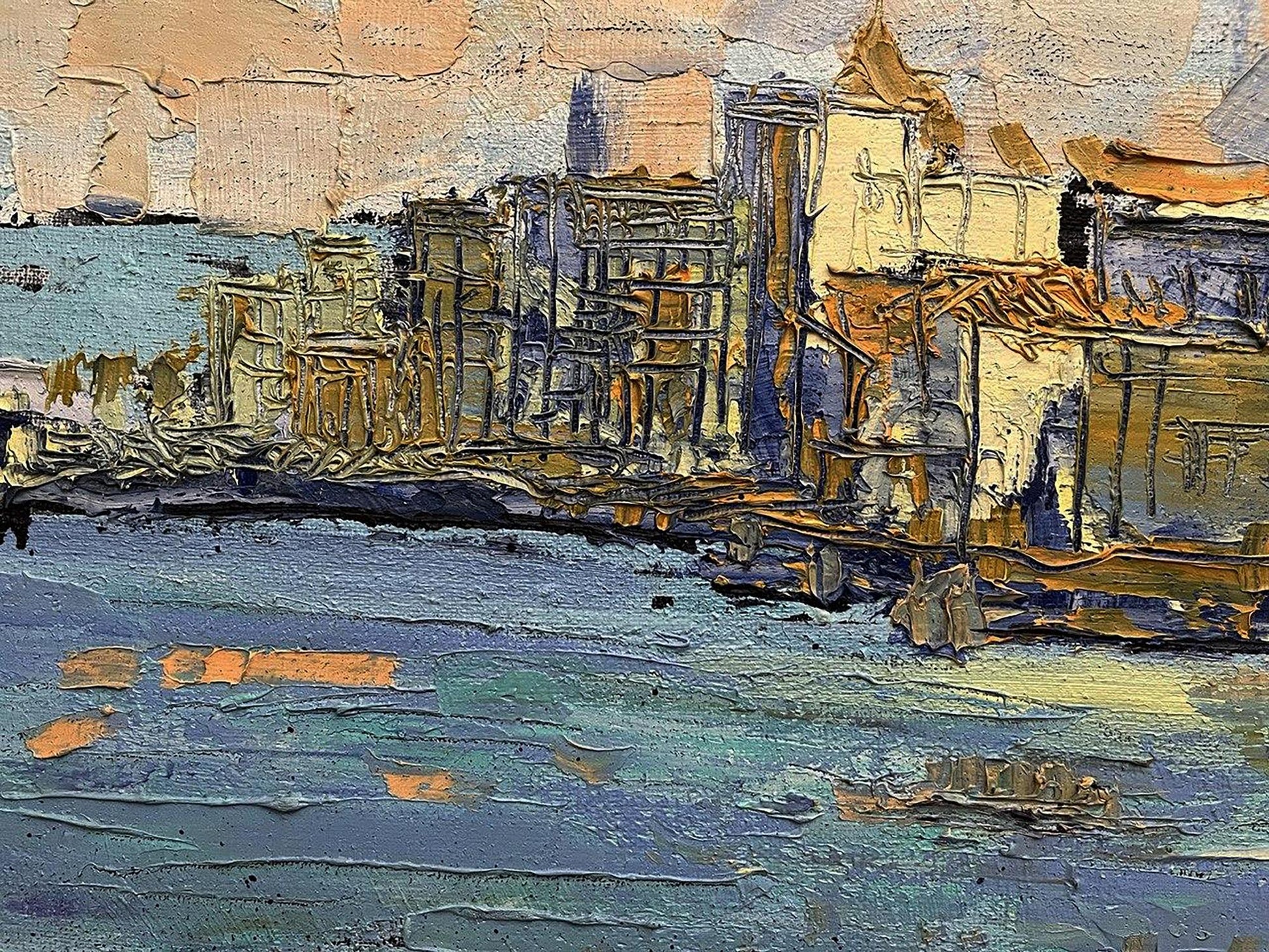 Impasto oil painting of Mysterious City by Serhiy Kovalev, coastal scene