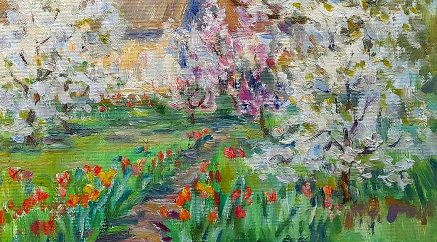 Vibrant Oi painting Tulips in the garden by Ivan Kovalenko with pink blossoms and tulips