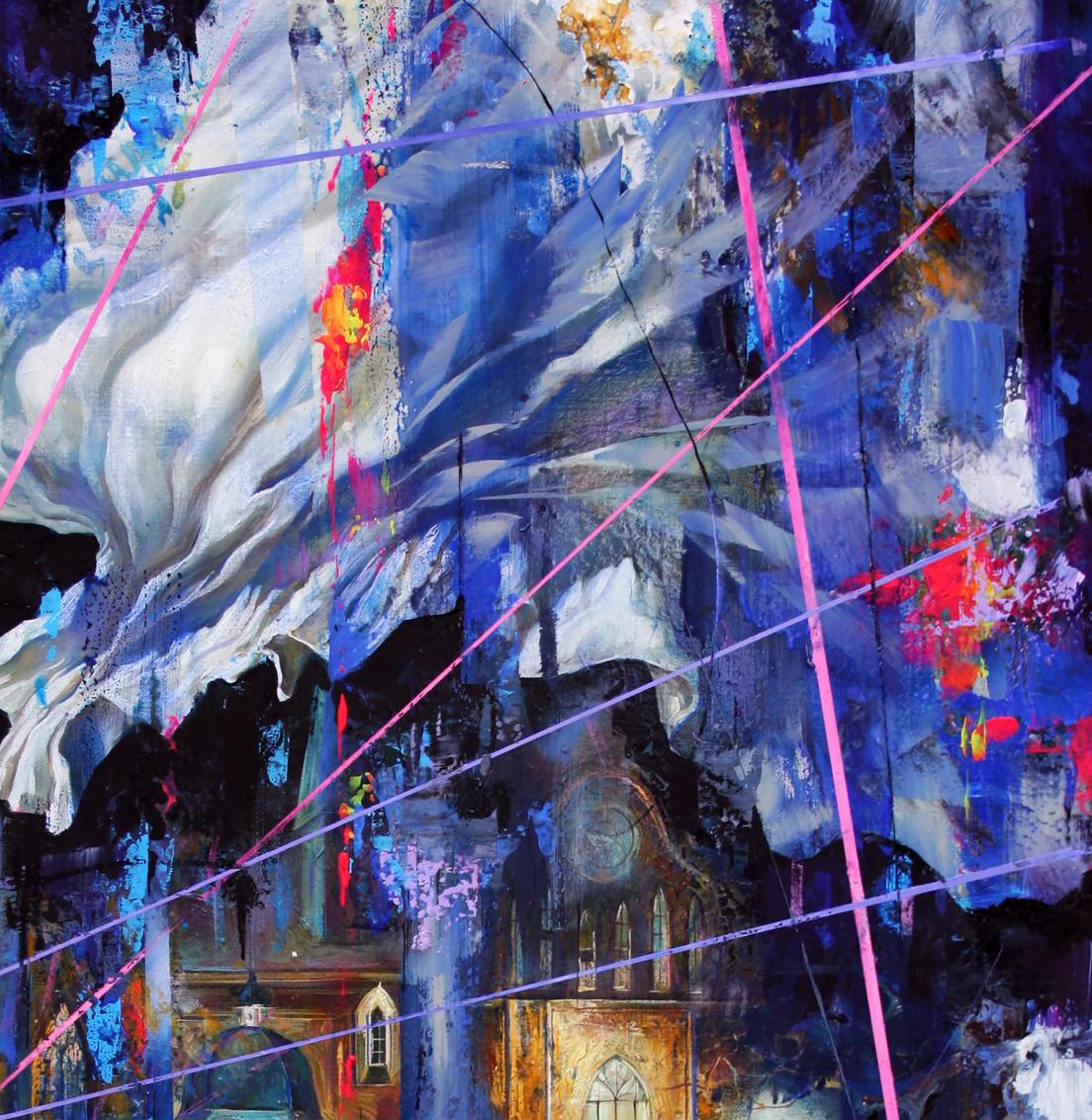 Oil painting Night on the Town by Alexander Dobrodiy with bold blue white pink strokes on church facade