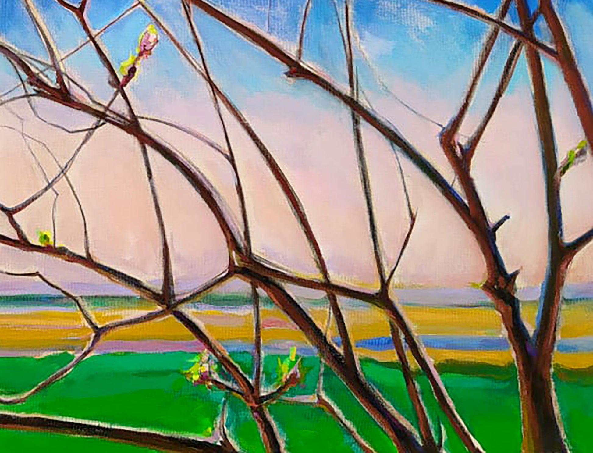 Oil painting Spring by Leonid Pavlenko: bare branches budding pink leaves over green field