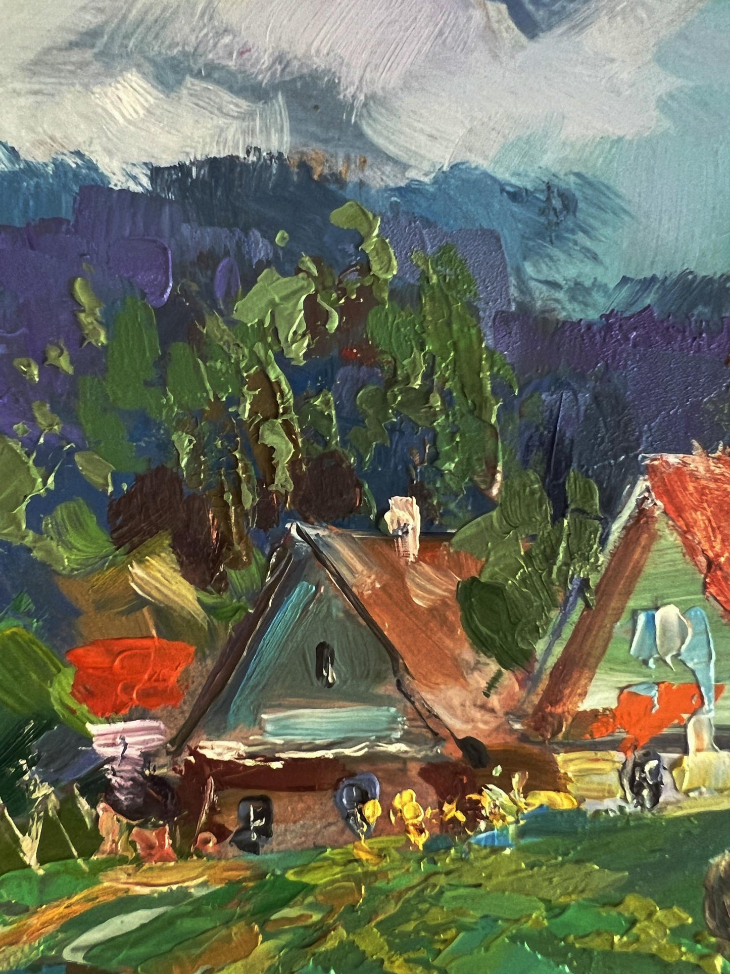 Vibrant impressionist oil painting by Yuriy Suprunchuk of cows grazing near rustic house