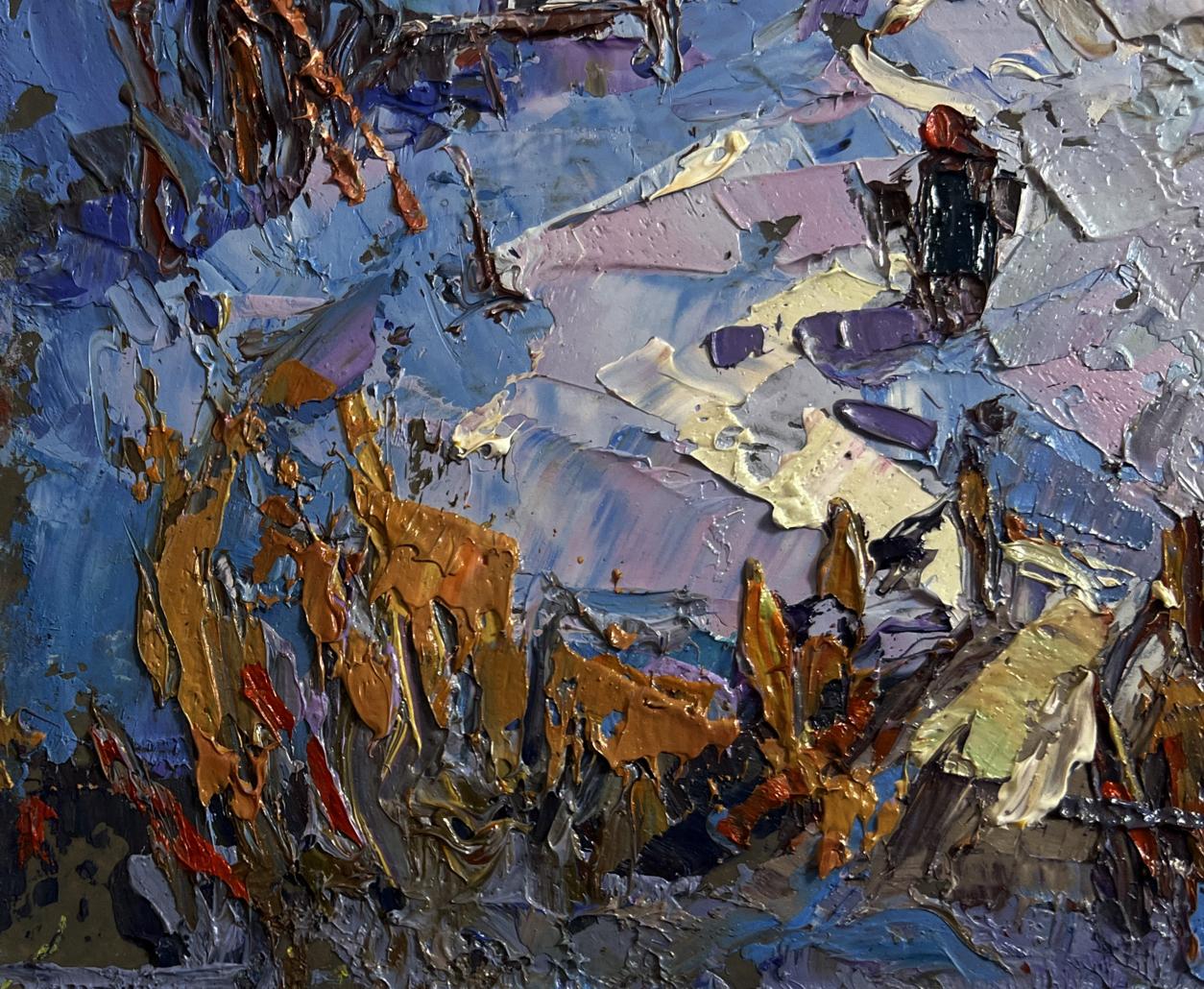 Oil painting Snowy road in the village by Oksana Ivanyuk, abstract blue-purple-gold layers