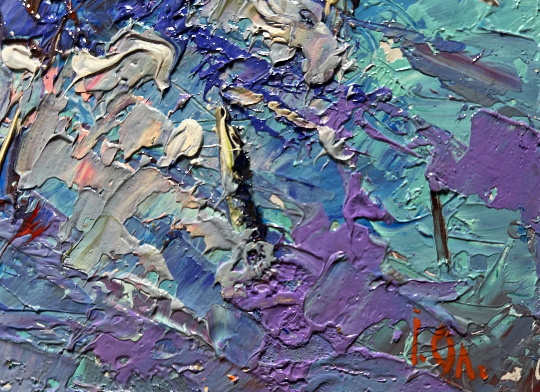 Large oil painting of snowdrifts by Oleksiy Ivanyuk in purple blue teal impasto