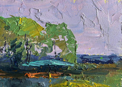 Oil painting On the golden shore by Boris Serdyuk, green hillside, lavender sky