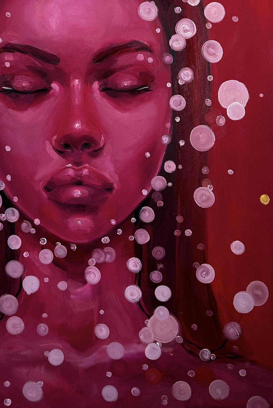 Vibrant red oil painting Gravitation by Victoria Kagalovska: serene womans face with bubbles