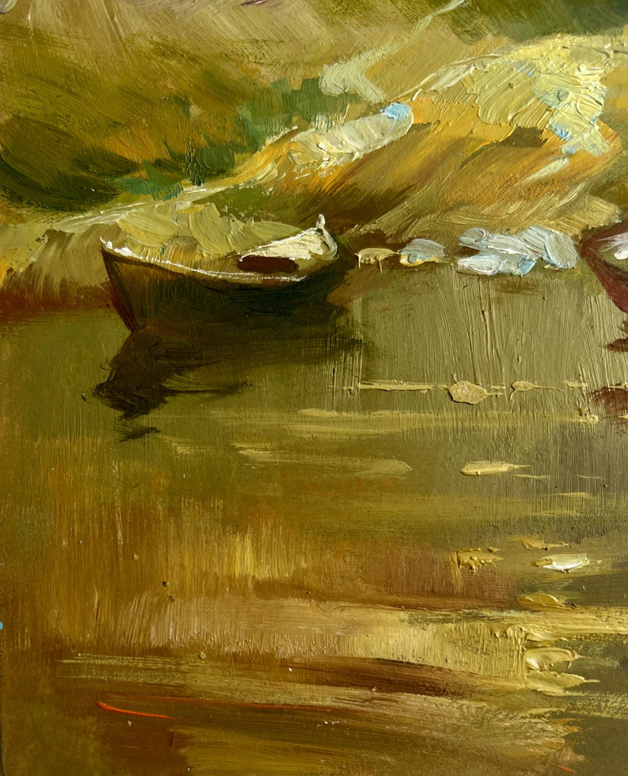 Impressionistic oil painting of small dark boat on golden lake water by Yuriy Suprunchuk
