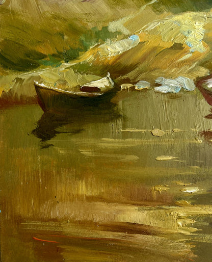 Impressionistic oil painting of small dark boat on golden lake water by Yuriy Suprunchuk