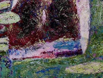 Oil painting Montenegro by Tatyana Shulyak with green, red, blue strokes