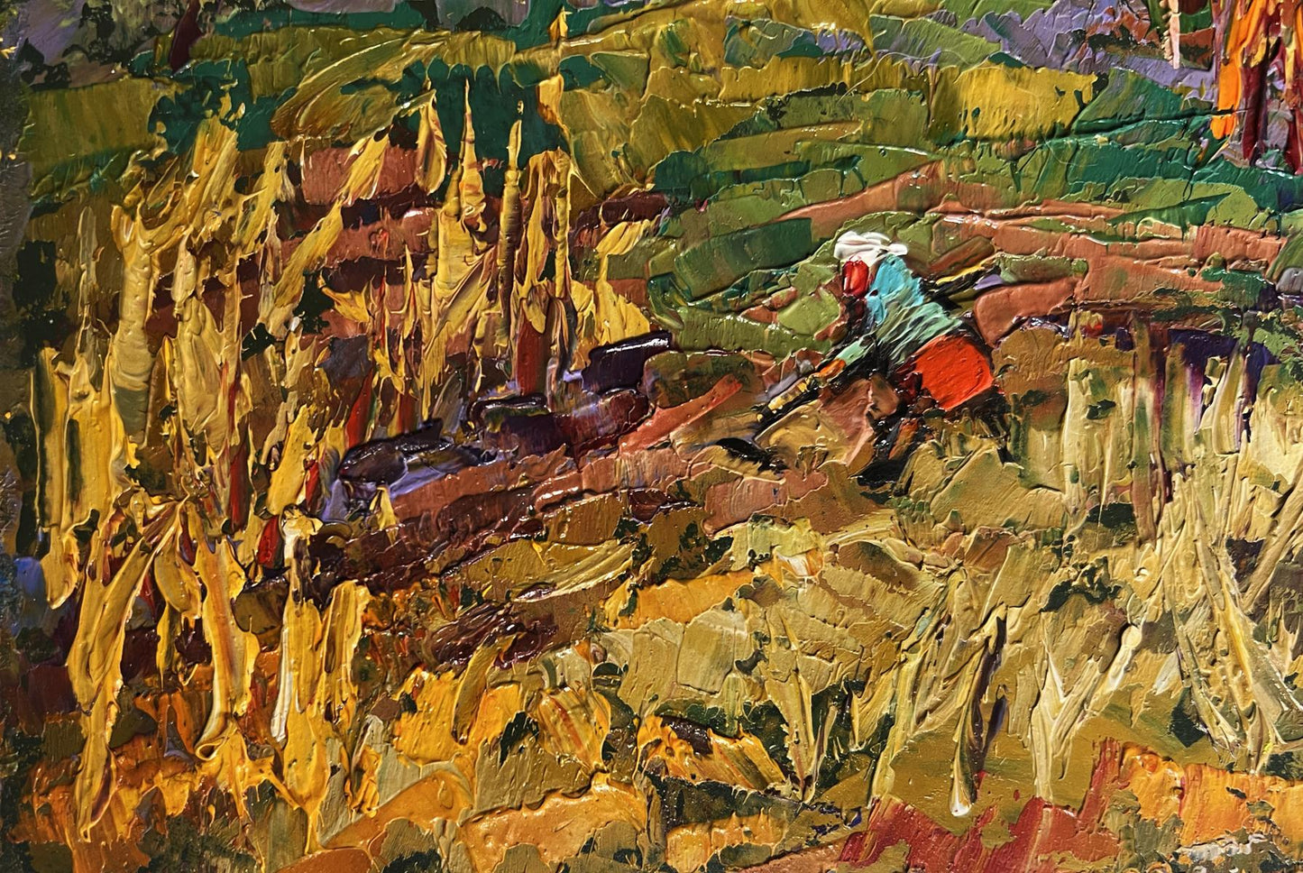 Oil painting In the autumn gardens by Oleksiy Ivanyuk, vibrant impasto figure in red blue attire on rugged terrain