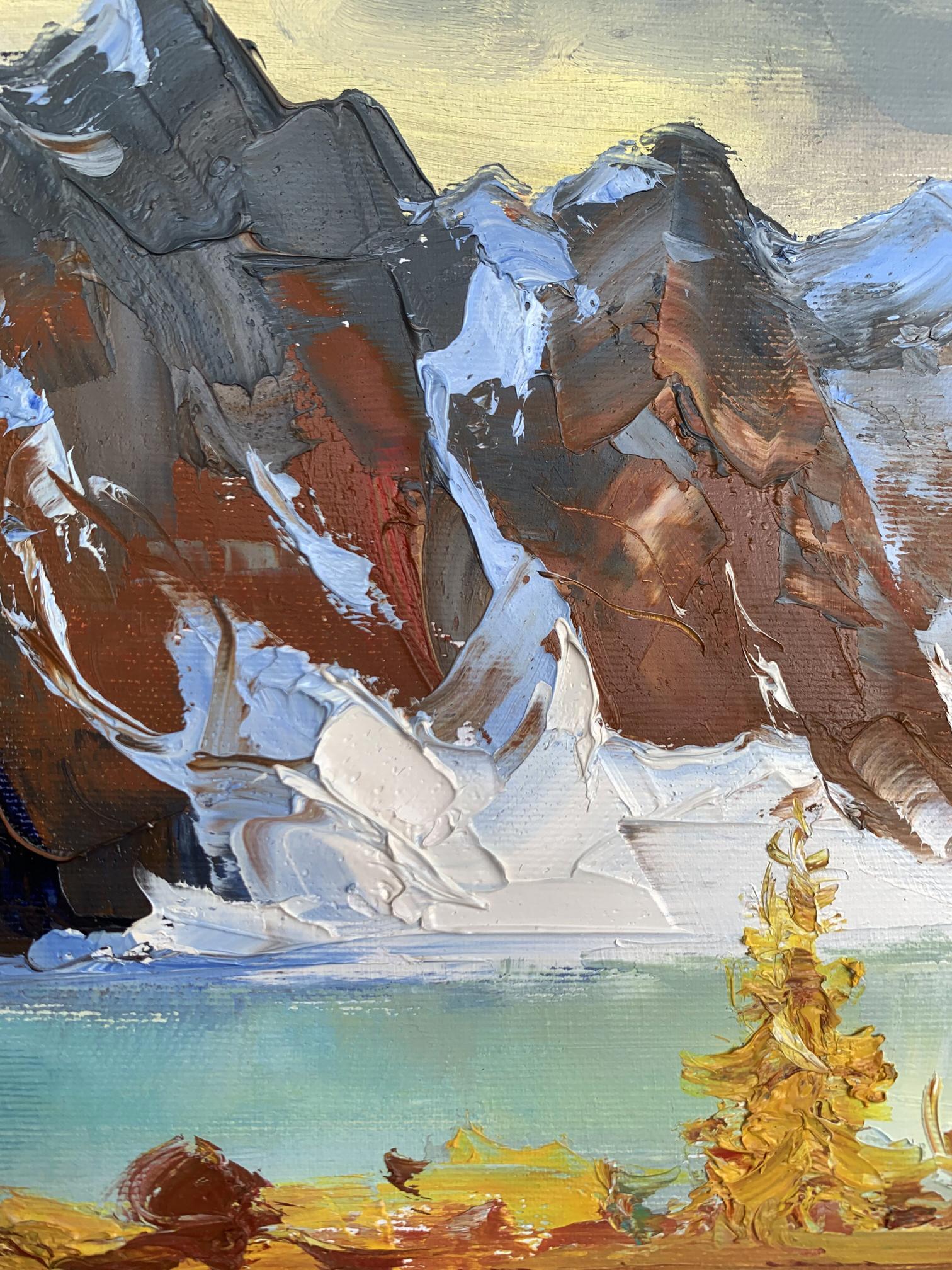 Oil painting of huge snow-dusted mountains and golden tree by Tatyana Derdey