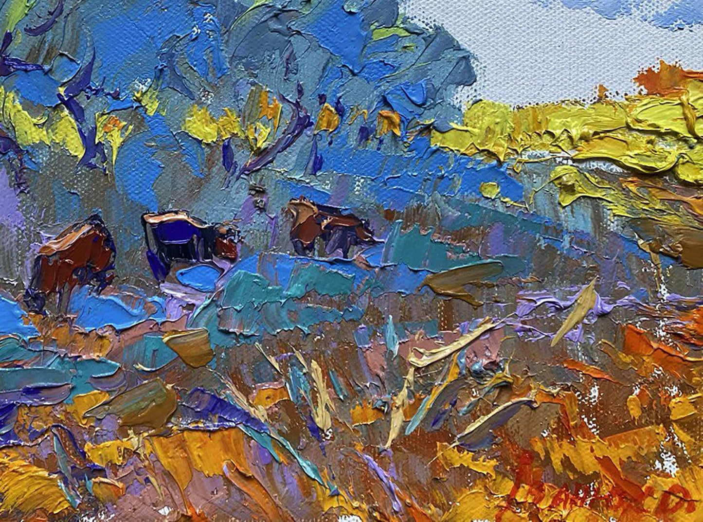 Vibrant impressionist oil painting by Oleksiy Ivanyuk: cows grazing in cool evening field