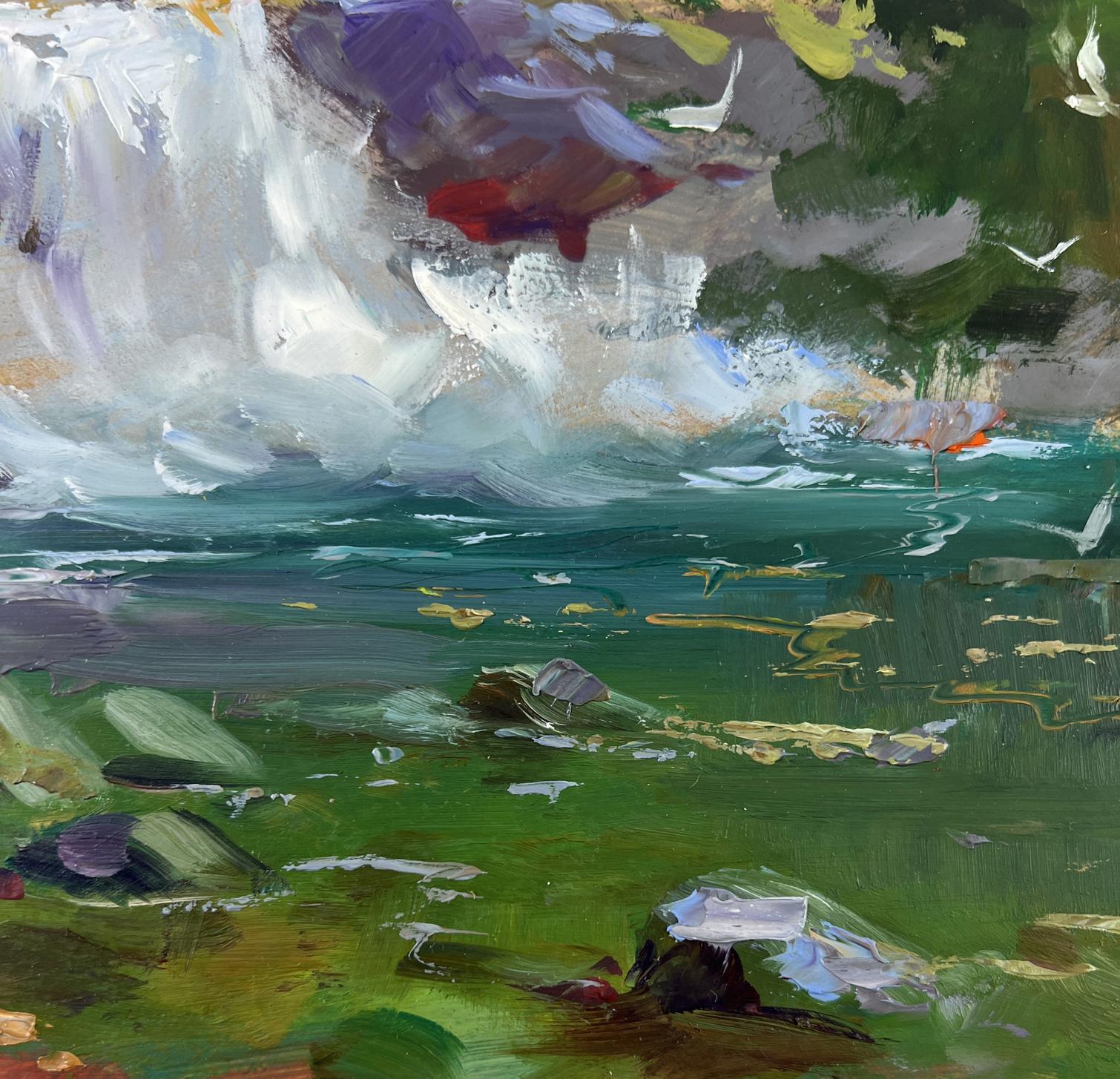 Vibrant impressionist oil painting of mountain waterfall by Yuriy Suprunchuk