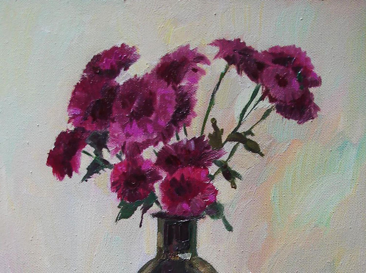 Oil painting of burgundy chrysanthemums by Tatyana Shulyak