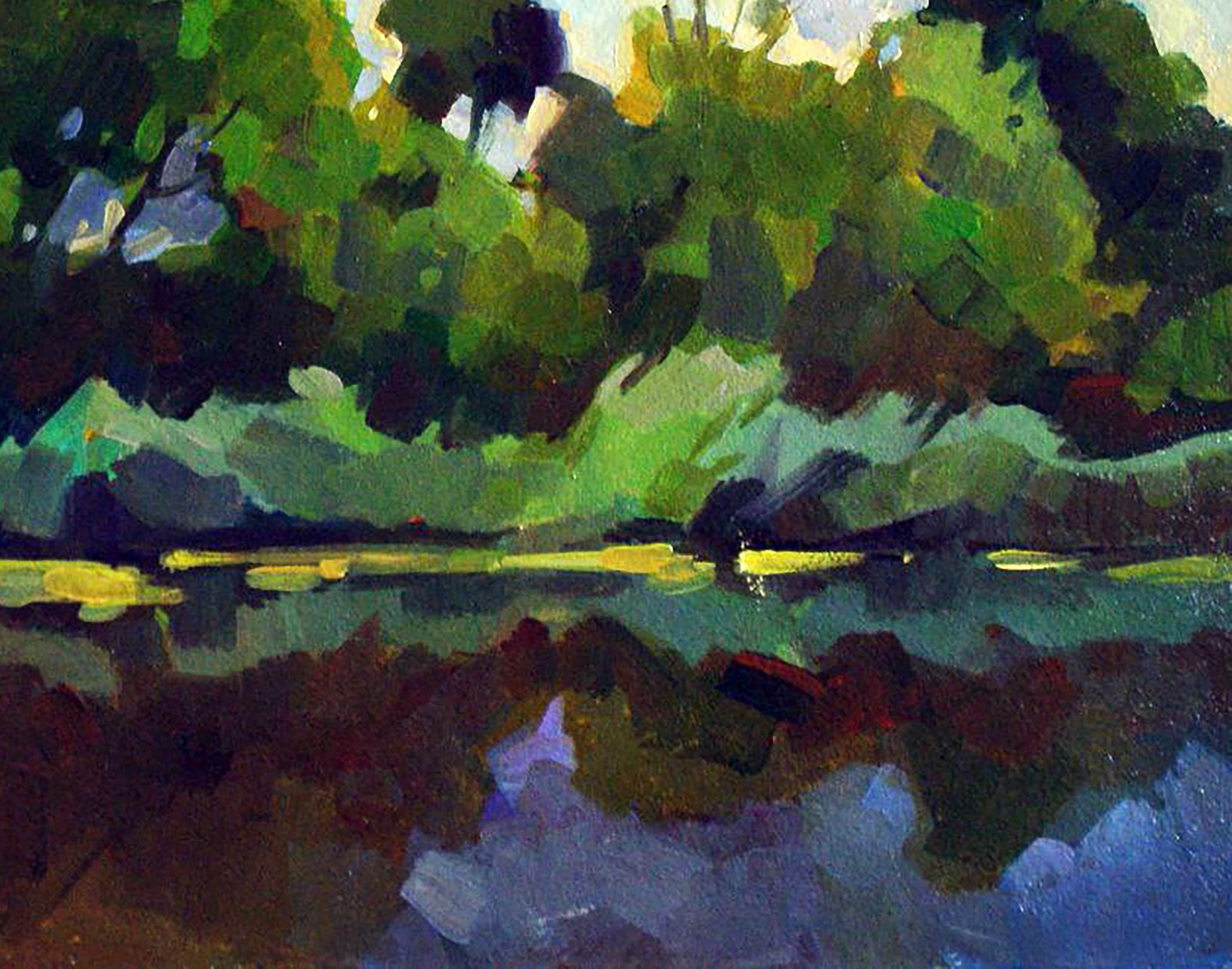 Vibrant impressionist oil painting River near the village by Anastasia Yaroshevich
