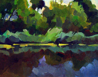 Vibrant impressionist oil painting River near the village by Anastasia Yaroshevich
