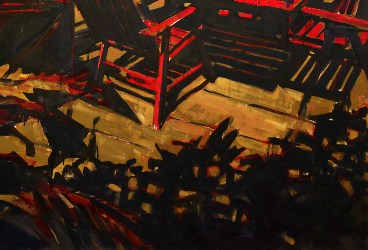 Oil painting Heat Ed Potapenkov: red wooden chair with dark slats, shadowy foliage