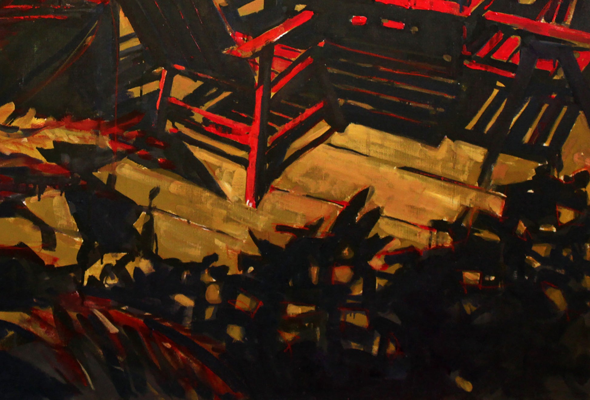 Oil painting Heat Ed Potapenkov: red wooden chair with dark slats, shadowy foliage