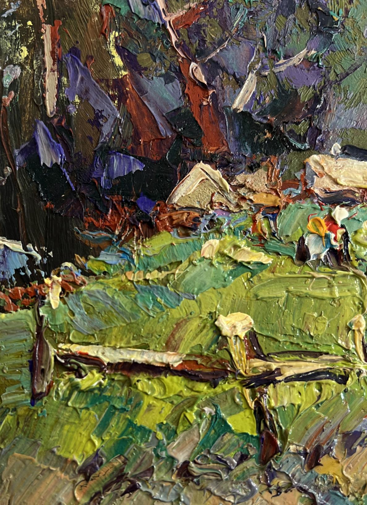 Vibrant impressionist oil painting of village near forest by Oleksiy Ivanyuk