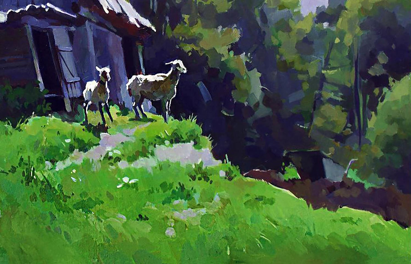 Oil painting of two white sheep on green hillside by shed, Sunny afternoon by Anastasia Yaroshevich