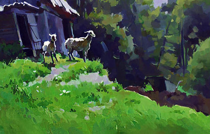 Oil painting of two white sheep on green hillside by shed, Sunny afternoon by Anastasia Yaroshevich