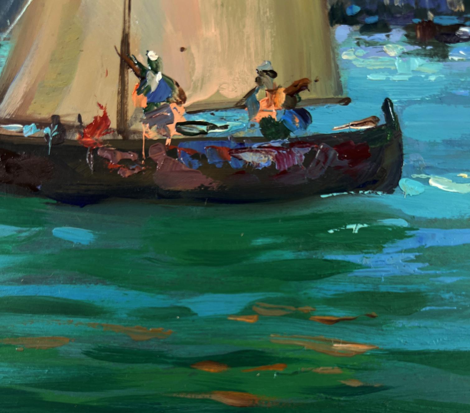 Vibrant impressionist oil painting of Yuriy Suprunchuk fishermen sailboat at dawn