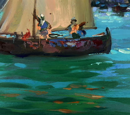 Vibrant impressionist oil painting of Yuriy Suprunchuk fishermen sailboat at dawn