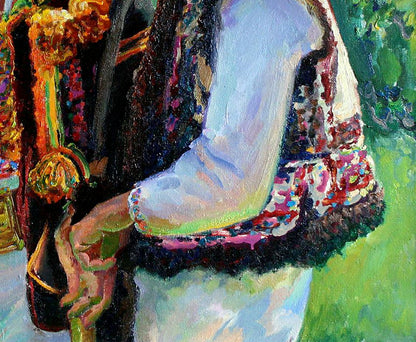 Vibrant oil painting Two Hutsuls by Leonid Pavlenko: arm holding ornate floral object