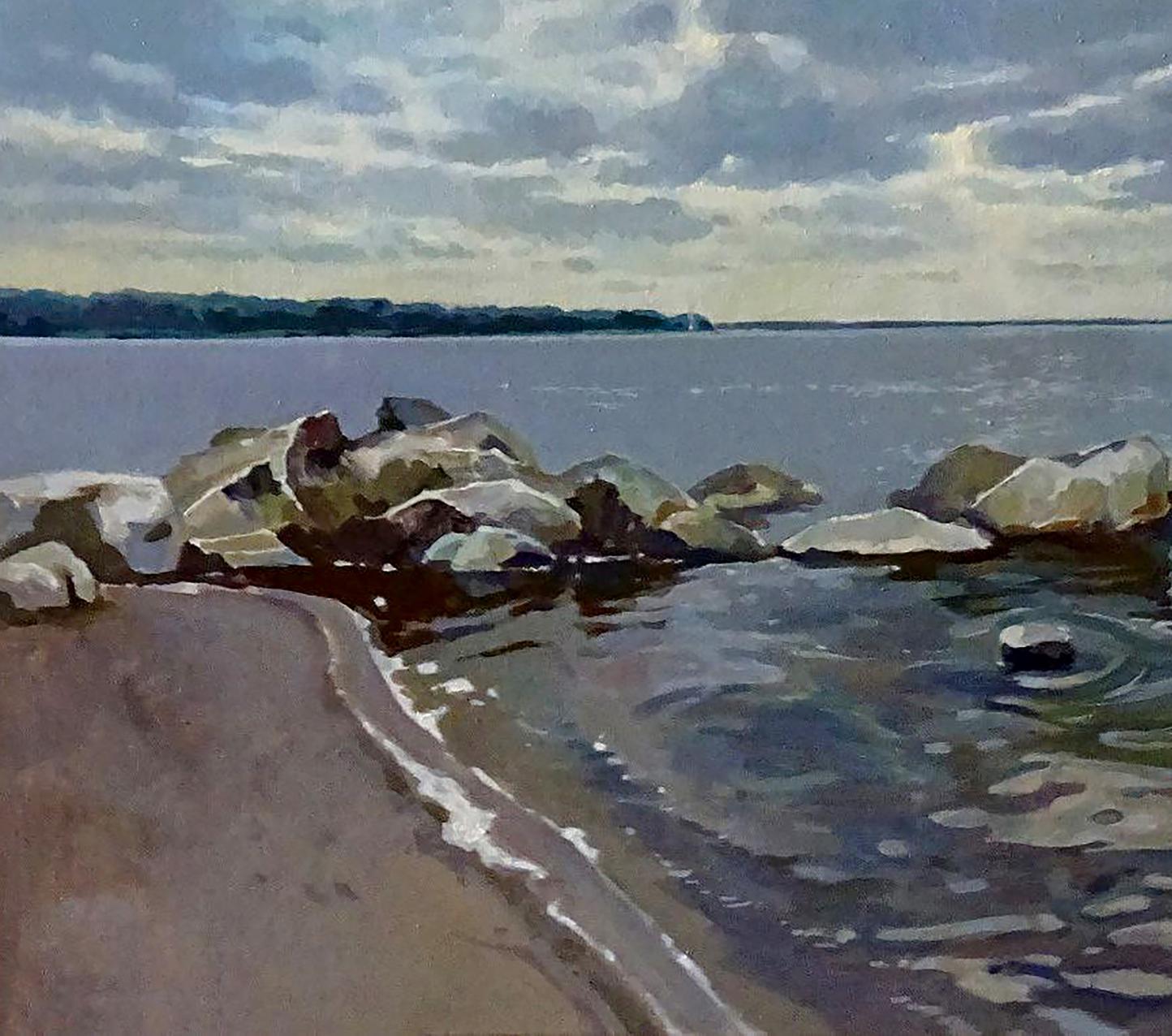 Oil painting Cloudy by Anastasia Yaroshevich: serene coastal rocks and waves