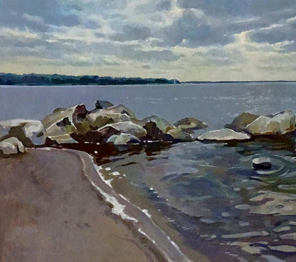 Oil painting Cloudy by Anastasia Yaroshevich: serene coastal rocks and waves