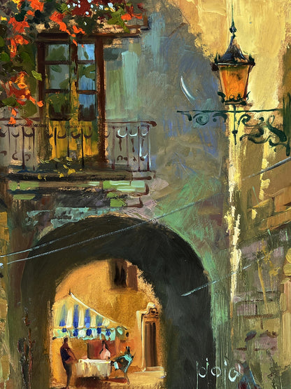Oil painting of quiet Venice street with vintage amber lamp on stone wall
