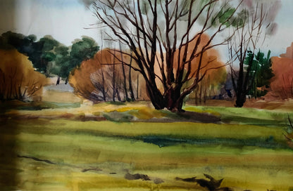 Watercolor landscape by Vitaly Duhnevich: Earth awakens under sky with bare trees