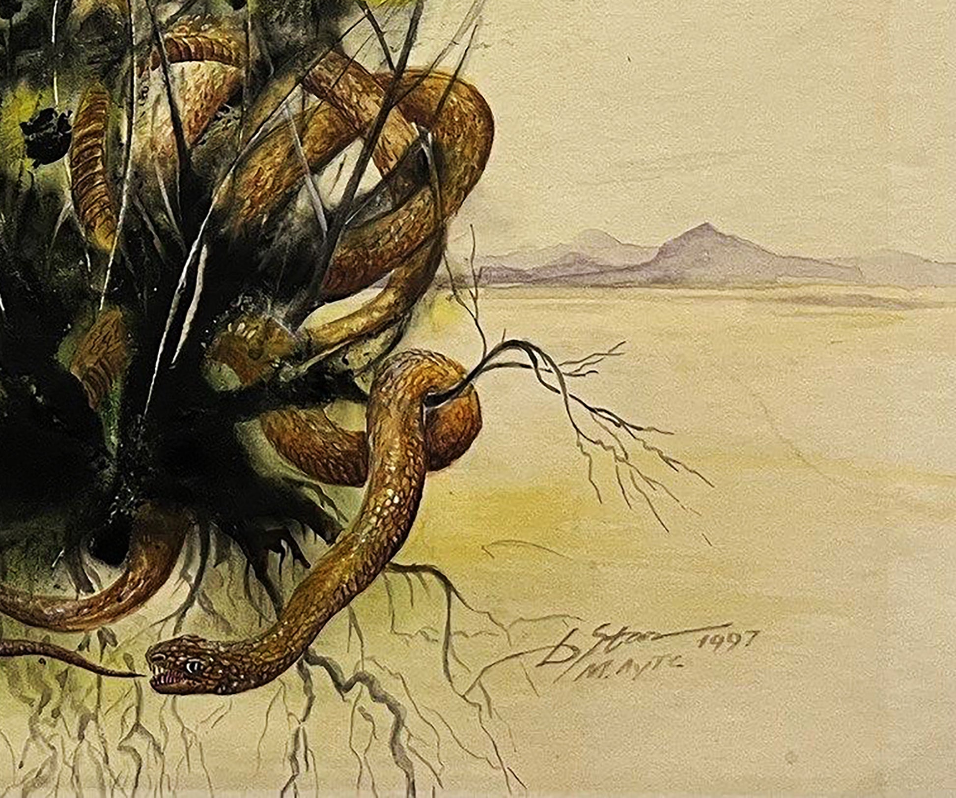Watercolor painting of coiled brown snake in desert by Dmytro Startsev