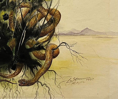 Watercolor painting of coiled brown snake in desert by Dmytro Startsev