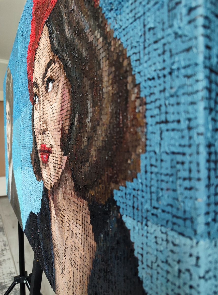 Vibrant mosaic portrait of woman by Oksana Sklym in oil painting style