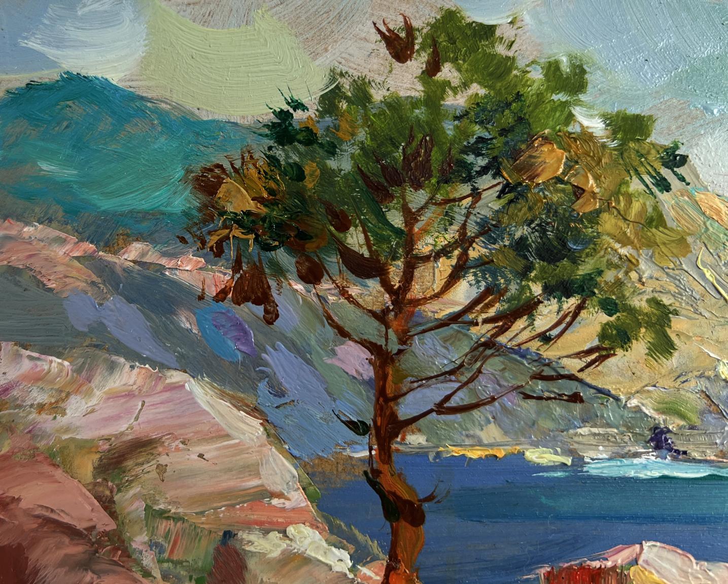 Vibrant impressionist oil painting of solitary tree swaying in wind by Yuriy Suprunchuk