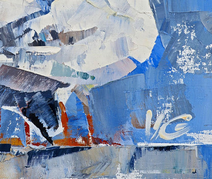 Oil painting Friendly bird walk by Volodymyr Gluhomanyuk with blue brushstrokes