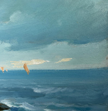 Textured oil painting of sailboat on serene sea horizon by Yuriy Suprunchuk