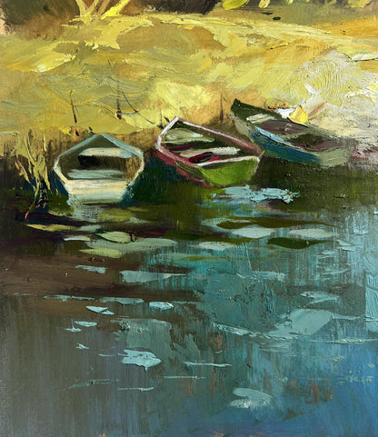 Oil painting of three rowboats on calm water by Yuriy Suprunchuk