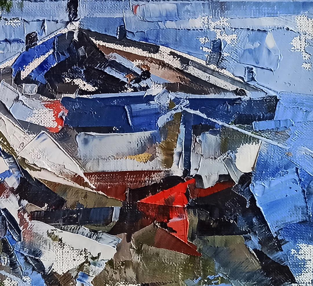 Oil painting Moored boat by Volodymyr Gluhomanyuk in impasto blues