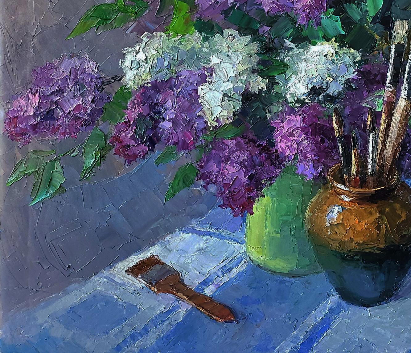 Oil painting of purple white lilacs in green vase by Boris Serdyuk