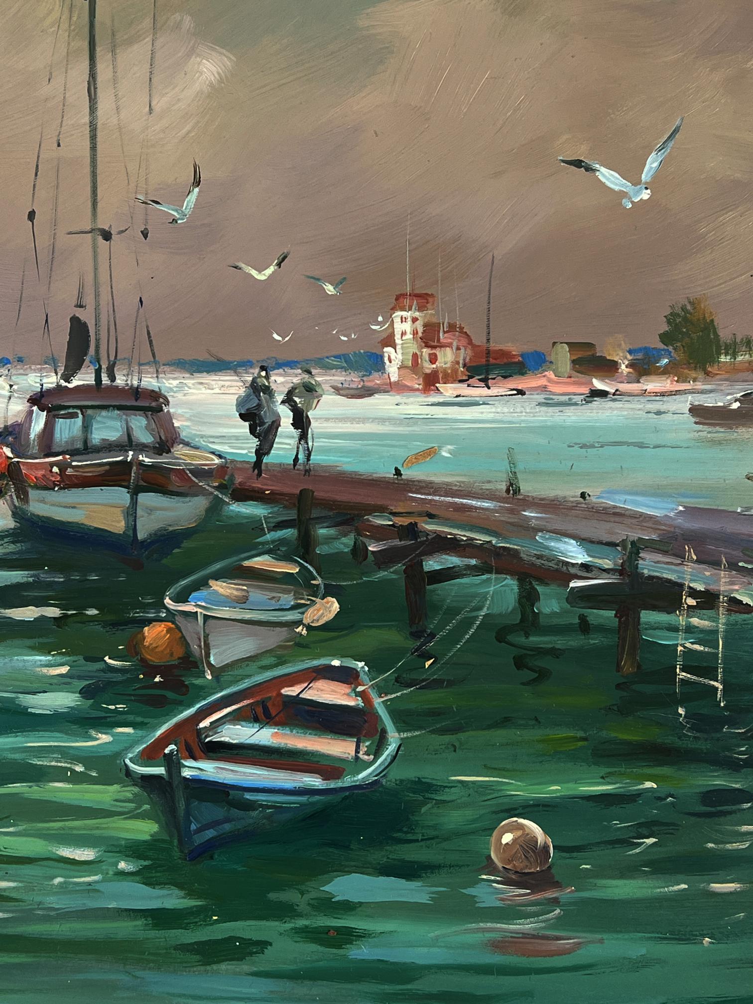 Oil painting by Yuriy Suprunchuk: seagulls fly over rowboat by pier