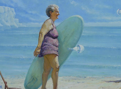 Oil painting Cold seashore by Oleg Kateryniuk: older woman carries light teal surfboard