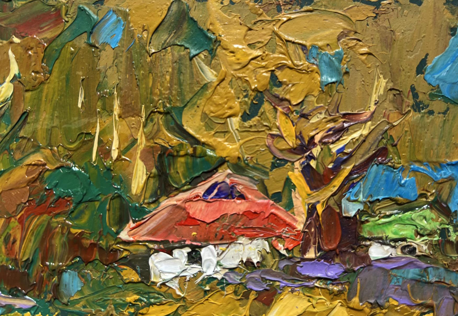 Oil painting Evening is coming in the village by Oleksiy Ivanyuk: red mushroom